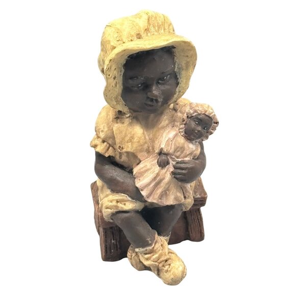 Vintage African American Figurine Child Holding Doll Yellow Bonnet Dress 3.75" R - Picture 1 of 7